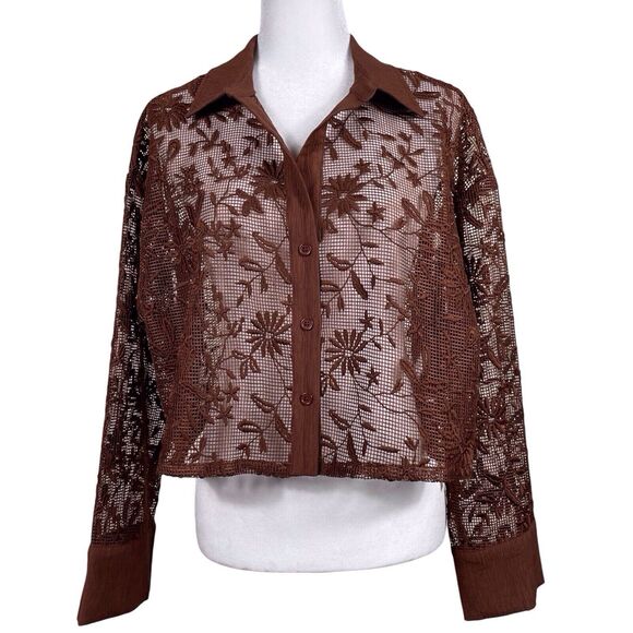 JASON WU Lace Sheer Floral Button Down Top NWT Size Large Brown - Picture 1 of 15